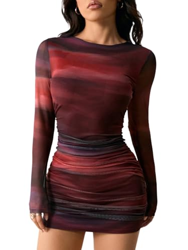 SweatyRocks Damen Kleid Langarm Minikleid Batik Muster Sommerkleid Bodycon Kleider Gerafft Netzkleid Durchsichtige Damenkleid Freizeitkleid Rot M von SweatyRocks
