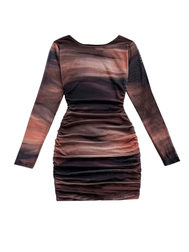 SweatyRocks Damen Kleid Langarm Minikleid Bodycon Batikkleid Figurbetontes Kleid mit Plisseefalten Partykleid Bleistiftkleider Braun L von SweatyRocks