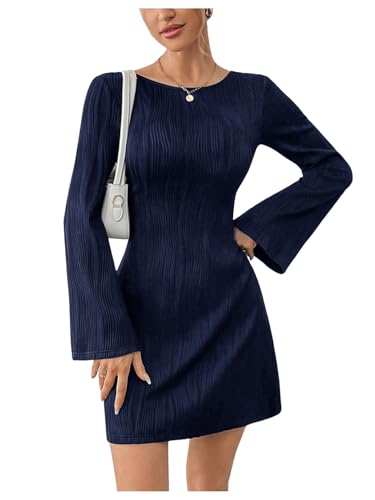 SweatyRocks Damen Kleid Langarm Rückenfreie Kleider Kurz A Linien Kleid mit Ausgestellten Ärmeln Freizeitkleid Partykleider Dunkelblau XS von SweatyRocks