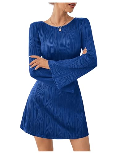 SweatyRocks Damen Kleid Langarm Rückenfreie Kleider Kurz A Linien Kleid mit Ausgestellten Ärmeln Freizeitkleid Partykleider Königsblau XL von SweatyRocks