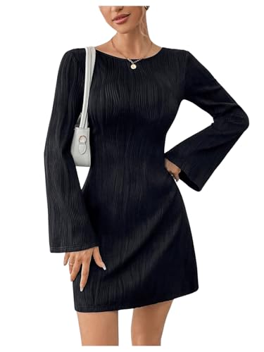 SweatyRocks Damen Kleid Langarm Rückenfreie Kleider Kurz A Linien Kleid mit Ausgestellten Ärmeln Freizeitkleid Partykleider Schwarz XS von SweatyRocks