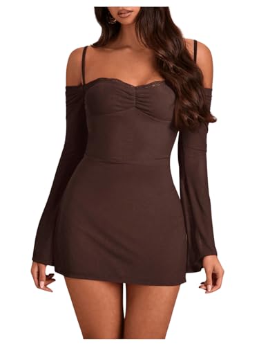 SweatyRocks Damen Kleid Langarm Schulterfrei Minikleid Spaghettiträger Partykleid Festliches Kleid mit Spitzeneinsätzen Kaffeebraun M von SweatyRocks