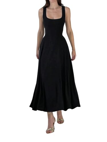 SweatyRocks Damen Kleid Lange Sommerkleider A Linie Kleider U Ausschnitt Midikleid Ärmellose Damenkleider Elegant Trägerkleid Freizeitkleid Schwarz S von SweatyRocks
