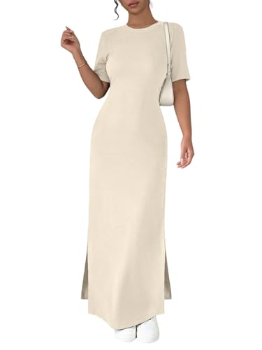 SweatyRocks Damen Kleid Langes Sommerkleid mit Schlitz Kurzarm Maxikleid Rundkragen Damenkleider Sommer Ekegante Kleider Shirtkleid Freizeitkleid Aprikosenfarben S von SweatyRocks