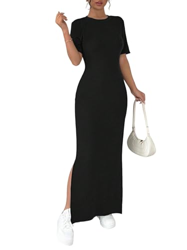 SweatyRocks Damen Kleid Langes Sommerkleid mit Schlitz Kurzarm Maxikleid Rundkragen Damenkleider Sommer Ekegante Kleider Shirtkleid Freizeitkleid Schwarz S von SweatyRocks