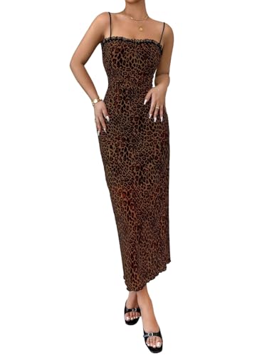 SweatyRocks Damen Kleid Leo Midikleid Spaghettiträger Kleider Ärmellos Sommerkleid mit Spitze Rückenfrei Trägerkleid Enges Freizeitkleid Leo M von SweatyRocks