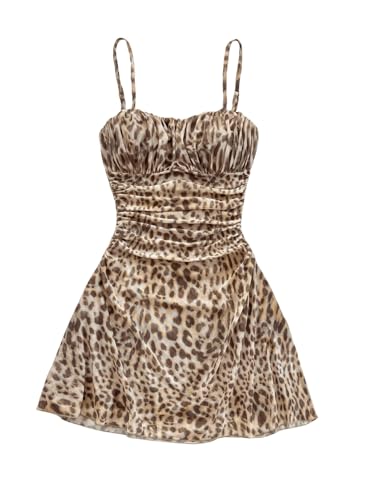 SweatyRocks Damen Kleid Leopardenmuster Mesh Sommerkleid Ausgestellt Cami Kleider Kurzes Spaghetti Trägerkleid Ärmellos Minikleid Partykleider Freizeitkleid Leo M von SweatyRocks