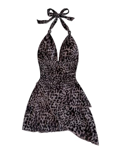 SweatyRocks Damen Kleid Leopardmuster Urlaubskleider Neckholder Minikleid V-Ausschnitt Sommerkleid Elegant Rückenfrei Kleid Ärmellos Partykleid Braun und Schwarz L von SweatyRocks