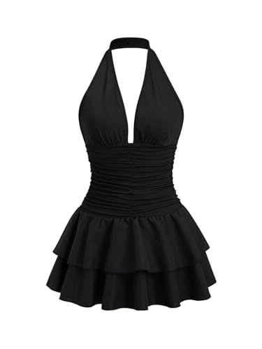 SweatyRocks Damen Kleid Neckholder Minikleid Rückenfreie Sommerkleider Gerafft Trägerkleider Ärmellos Freizeitkleid A Linie Partykleid Schwarz S von SweatyRocks