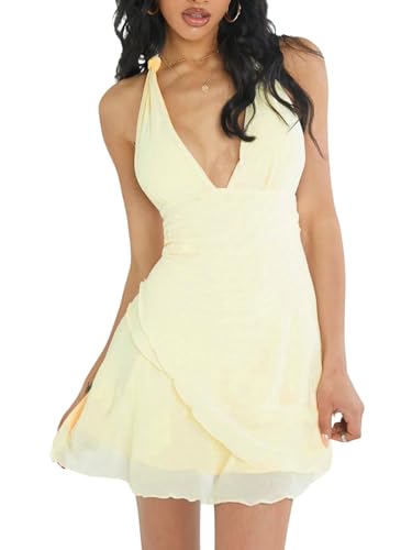 SweatyRocks Damen Kleid Neckholder Minikleid Rückenfreies Sommerkleid Ärmelloses Trägerkleid V Ausschnitt Partykleid Kurze Kleider mit Mesh Gelb M SweatyRocks Damen Kleid Neckholder Minikleid Rückenfreies Sommerkleid Ärmelloses Trägerkleid V Ausschnitt Partykleid Kurze Kleider mit Mesh Gelb M von SweatyRocks