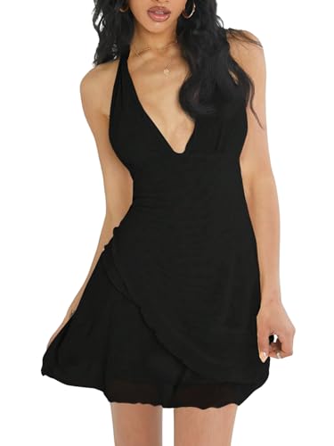 SweatyRocks Damen Kleid Neckholder Minikleid Rückenfreies Sommerkleid Ärmelloses Trägerkleid V Ausschnitt Partykleid Kurze Kleider mit Mesh Schwarz XS von SweatyRocks