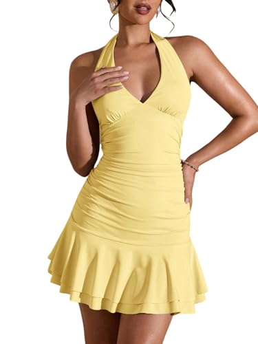 SweatyRocks Damen Kleid Neckholder Minikleid Rückenfreies Sommerkleid mit Rüschen Kurze Damenkleider Elegant Freizeitkleid Sommer A Linie Kleider Gelb S SweatyRocks Damen Kleid Neckholder Minikleid Rückenfreies Sommerkleid mit Rüschen Kurze Damenkleider Elegant Freizeitkleid Sommer A Linie Kleider Gelb S von SweatyRocks