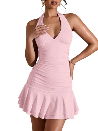 SweatyRocks Damen Kleid Neckholder Minikleid Rückenfreies Sommerkleid mit Rüschen Kurze Damenkleider Elegant Freizeitkleid Sommer A Linie Kleider Hell-Pink L von SweatyRocks