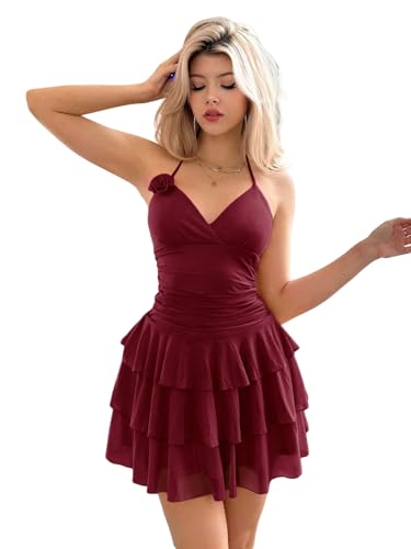 SweatyRocks Damen Kleid Neckholder Sommerkleid Kurze Trägerkleid Rückenfreie Damenkleider Sommer Netz Minikleid Ärmellose Kleider Festival Outfit Bordeaux XXS von SweatyRocks