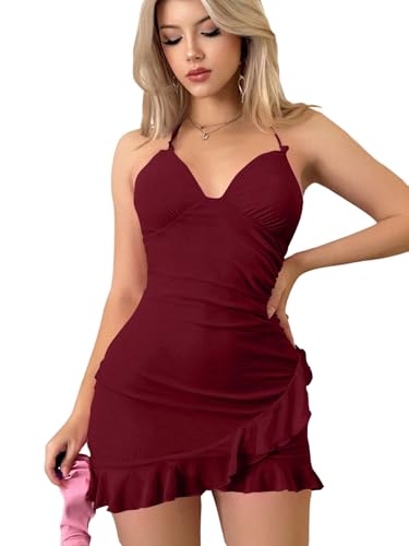 SweatyRocks Damen Kleid Rückenfreie Sommerkleider Neckholder Minikleid Kurze Wickelkleider Ärmellose Kleider Figurbetontes Trägerkleid Mini Netzkleid Bordeaux XXS SweatyRocks Damen Kleid Rückenfreie Sommerkleider Neckholder Minikleid Kurze Wickelkleider Ärmellose Kleider Figurbetontes Trägerkleid Mini Netzkleid Bordeaux XXS von SweatyRocks