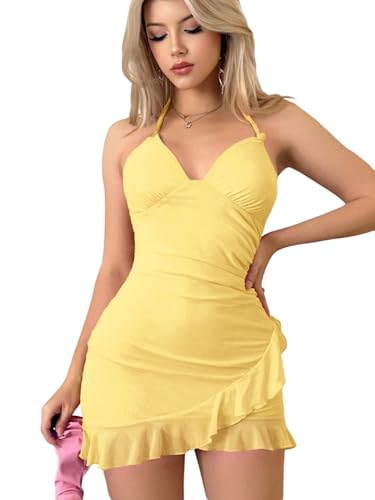 SweatyRocks Damen Kleid Rückenfreie Sommerkleider Neckholder Minikleid Kurze Wickelkleider Ärmellose Kleider Figurbetontes Trägerkleid Mini Netzkleid Gelb L von SweatyRocks