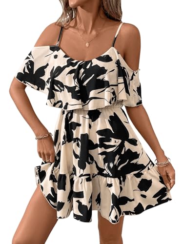 SweatyRocks Damen Kleid Schulterfreies Minikleid Leopardenmuster Sommerkleider Spaghettiträger Kleider mit Rüschensaum Sommer A-Linie Trägerkleid Boho Freizeitkleider Schwarz XL von SweatyRocks