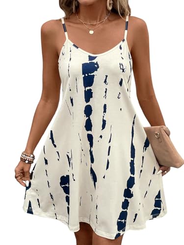 SweatyRocks Damen Kleid Sommer Spaghettiträger Sommerkleid Kurze Strandkleider V Ausschnitt Leichte Mini Ärmellos Kleider Trägerkleid Blau und Weiß L von SweatyRocks