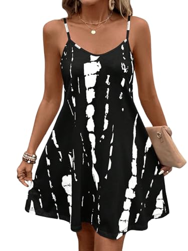 SweatyRocks Damen Kleid Sommer Spaghettiträger Sommerkleid Kurze Strandkleider V Ausschnitt Leichte Mini Ärmellos Kleider Trägerkleid Schwarz L von SweatyRocks