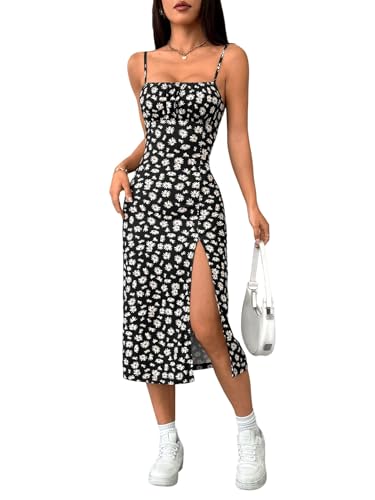 SweatyRocks Damen Kleid Spaghettiträger Geblümt Kleider Sommer Ärmellose Cami-Kleid mit Schlitz Boho Rückenfreies Blumenkleid Rüschenbüste Trägerkleid Sommerkleider Schwarz L von SweatyRocks