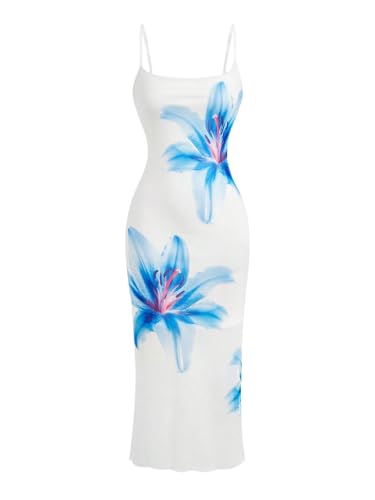 SweatyRocks Damen Kleid Spaghettiträger Kleider Blumenmuster Trägerkleid Ärmellose Midikleider Bodycon Netzkleid Elegant Sommerkleid Freizeitkleid Blau S von SweatyRocks