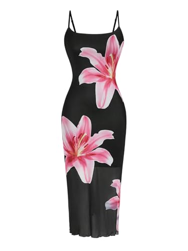 SweatyRocks Damen Kleid Spaghettiträger Kleider Blumenmuster Trägerkleid Ärmellose Midikleider Bodycon Netzkleid Elegant Sommerkleid Freizeitkleid Schwarz XS von SweatyRocks