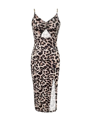 SweatyRocks Damen Kleid Spaghettiträger Kleider Leopardenmuster Midikleid mit Schlitz Cut Outs Trägerkleid Enges Sommerkleid Party Cami-Kleid Leo XL von SweatyRocks