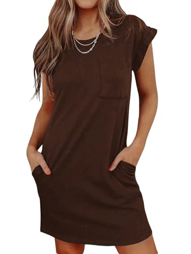 SweatyRocks Damen Kleid T Shirtkleid mit Taschen Kurzarm Sommerkleid Mini Damenkleider Lässig Minikleid Rundkragen Freizeitkleid Sommer Outfits Braun M von SweatyRocks