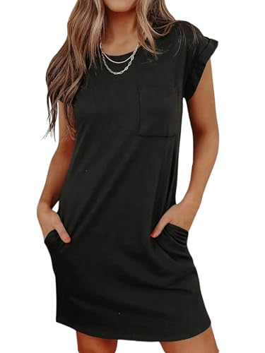SweatyRocks Damen Kleid T Shirtkleid mit Taschen Kurzarm Sommerkleid Mini Damenkleider Lässig Minikleid Rundkragen Freizeitkleid Sommer Outfits Schwarz M von SweatyRocks