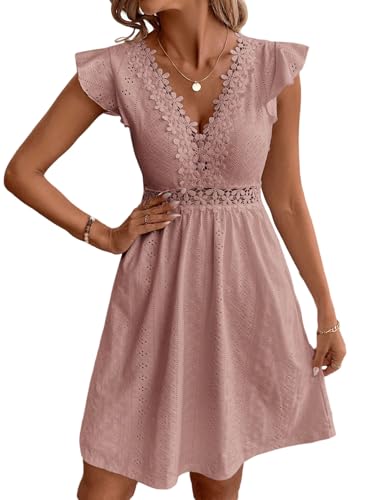 SweatyRocks Damen Kleid V Ausschnitt Damenkleider Elegant Kurze Kleider Ärmelloses Sommerkleid Hochzeit A Linie Spitzenkleid Freizeitkleid Grau-Rosa L von SweatyRocks