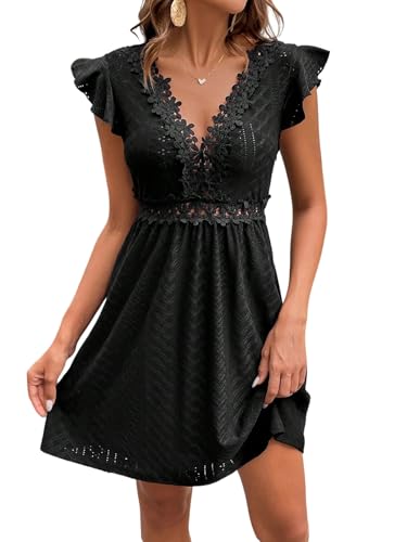 SweatyRocks Damen Kleid V Ausschnitt Damenkleider Elegant Kurze Kleider Ärmelloses Sommerkleid Hochzeit A Linie Spitzenkleid Freizeitkleid Schwarz M von SweatyRocks