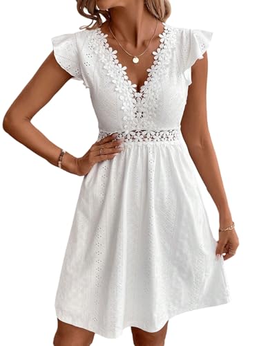 SweatyRocks Damen Kleid V Ausschnitt Damenkleider Elegant Kurze Kleider Ärmelloses Sommerkleid Hochzeit A Linie Spitzenkleid Freizeitkleid Weiß S von SweatyRocks