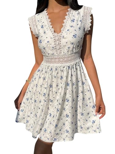 SweatyRocks Damen Kleid V Ausschnitt Sommerkleider Spitze Öse Stickereien Kleider A Linie Freizeitkleider Kurzarm Damenkleider Kurzes Boho-Kleid Blau und Weiß L von SweatyRocks