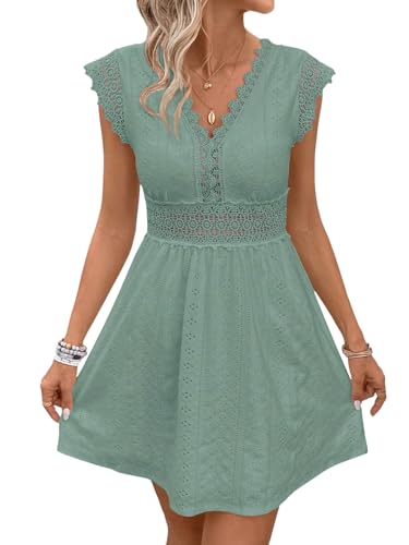 SweatyRocks Damen Kleid V Ausschnitt Sommerkleider Spitze Öse Stickereien Kleider A Linie Freizeitkleider Kurzarm Damenkleider Kurzes Boho-Kleid Grün XS von SweatyRocks