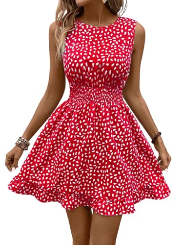 SweatyRocks Damen Kleider Ärmelloses Minikleid A Linie Sommerkleid Rundkragen Tank Kleider mit Rüschensaum Kurzes Freizeitkleid Elegant Damenkleider Rot XS von SweatyRocks