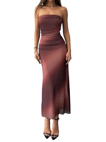 SweatyRocks Damen Kleider Bandeau Sommerkleider Trägerloses Partykleid Bodycon Tube-Urlaubkleid Ärmellose Freizeitkleid Langes Kleid Meshkleid Bordeaux M von SweatyRocks