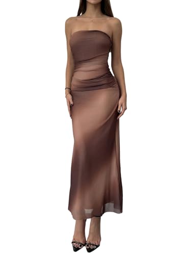 SweatyRocks Damen Kleider Bandeau Sommerkleider Trägerloses Partykleid Bodycon Tube-Urlaubkleid Ärmellose Freizeitkleid Langes Kleid Meshkleid Braun XS von SweatyRocks
