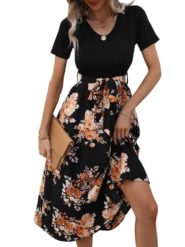 SweatyRocks Damen Kleider Kurzarm Sommerkleider V Ausschnitt Midikleid Blümchenmuster Strandkleider mit Gürtel A Linie Freizeitkleid Ausgestellt Blumenkleid Schwarz S von SweatyRocks