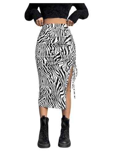 SweatyRocks Damen Knielang Rock Lässig Midirock Casaul Sommerrock Midi Röcke Zebramuster Freizeitrock mit Schlitz Schwarz und Weiß L von SweatyRocks