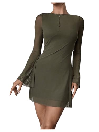 SweatyRocks Damen Kurz Kleid Elegant A Linie Minikleid mit Mesh Rundhals Partykleid Langarm Herbstkleid mit Ausgestellten Ärmeln Armeegrün M SweatyRocks Damen Kurz Kleid Elegant A Linie Minikleid mit Mesh Rundhals Partykleid Langarm Herbstkleid mit Ausgestellten Ärmeln Armeegrün M von SweatyRocks