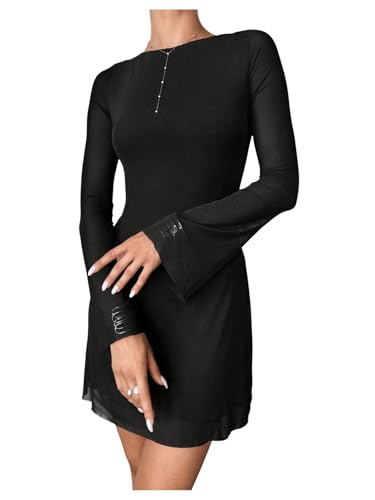 SweatyRocks Damen Kurz Kleid Elegant A Linie Minikleid mit Mesh Rundhals Partykleid Langarm Herbstkleid mit Ausgestellten Ärmeln Schwarz M von SweatyRocks