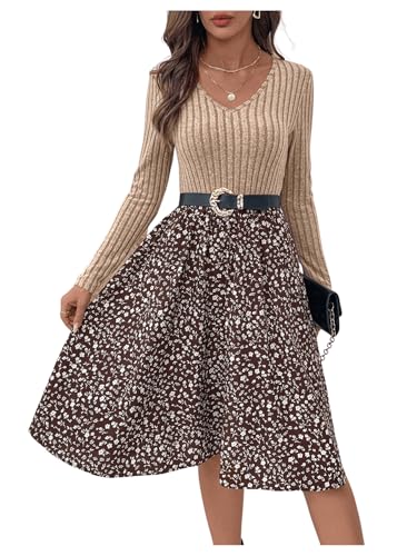 SweatyRocks Damen Langarm Kleid A-Linie Freizeitkleid 2 in 1 Skaterkleid Knielang Herbstkleid V-Ausschnitt Blumenkleid Kaffeebraun XL von SweatyRocks