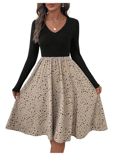 SweatyRocks Damen Langarm Kleid A-Linie Freizeitkleid 2 in 1 Skaterkleid Knielang Herbstkleid V-Ausschnitt Blumenkleid Khaki S SweatyRocks Damen Langarm Kleid A-Linie Freizeitkleid 2 in 1 Skaterkleid Knielang Herbstkleid V-Ausschnitt Blumenkleid Khaki S von SweatyRocks