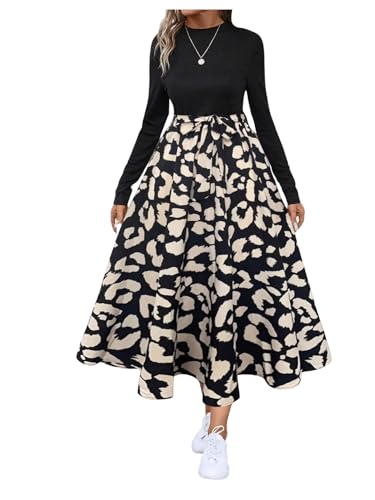 SweatyRocks Damen Langarm Kleid A-Linie Freizeitkleid 2 in 1 Skaterkleid Midikleid Herbstkleid Rundkragen Langarmkleid mit Gürtel Beige M von SweatyRocks