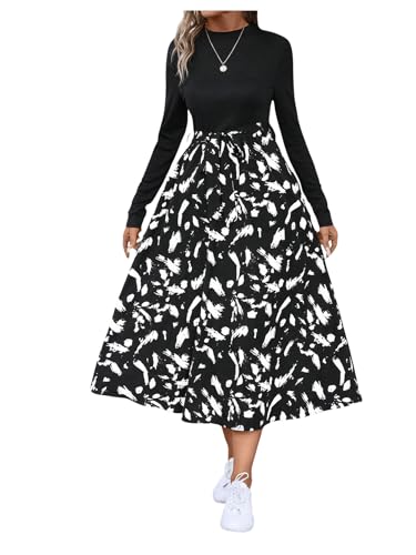 SweatyRocks Damen Langarm Kleid A-Linie Freizeitkleid 2 in 1 Skaterkleid Midikleid Herbstkleid Rundkragen Langarmkleid mit Gürtel Schwarz M von SweatyRocks