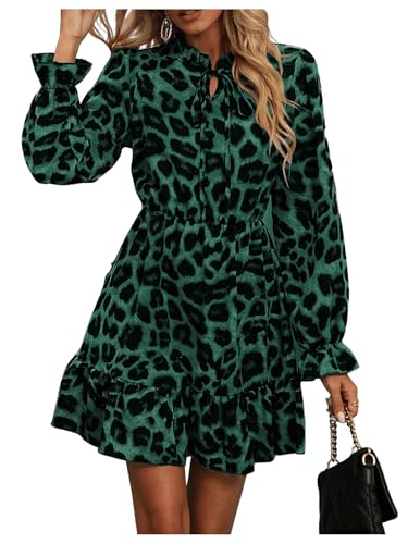 SweatyRocks Damen Langarm Kleid A Linie Freizeitkleid Kurz Kleid Casual Shortkleid Leopard Muster Kleider mit Rüschen Grün S SweatyRocks Damen Langarm Kleid A Linie Freizeitkleid Kurz Kleid Casual Shortkleid Leopard Muster Kleider mit Rüschen Grün S von SweatyRocks