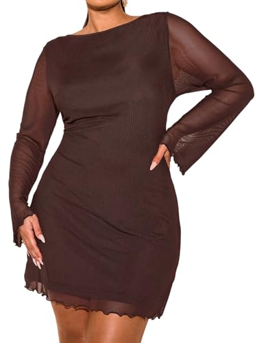 SweatyRocks Damen Langarm Kleid Curvy Minikleid mit Netzstoff Langarm Große Größen Partykleid Bleistiftkleid Mesh Kleider mit Wellensaum Kaffeebraun 4XL von SweatyRocks