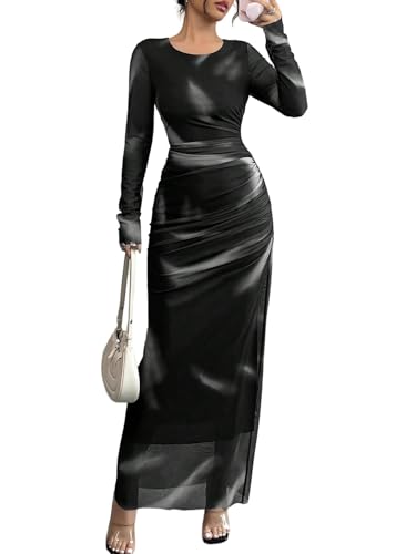 SweatyRocks Damen Langarm Kleid Elegant Bodycon Maxikleid Runhals Freizeitkleid Mesh Bleistiftkleid Farbverlauf Kleider Partykleid Schwarz XL von SweatyRocks
