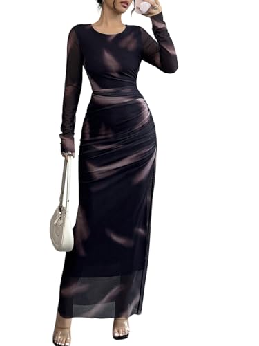 SweatyRocks Damen Langarm Kleid Elegant Bodycon Maxikleid Runhals Freizeitkleid Mesh Bleistiftkleid Farbverlauf Kleider Partykleid Violett L von SweatyRocks