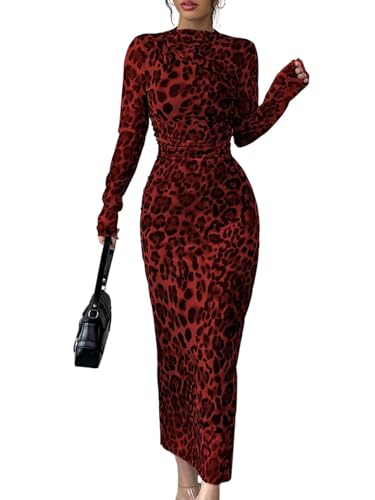SweatyRocks Damen Langarm Kleid Elegant Midikleid mit Leoparden Muster Bodycon Freizeitkleid mit Fischschwanz Partykleid Figurbetont Kleid Bleistiftkleid Rot L von SweatyRocks